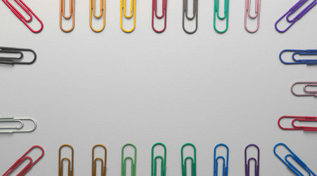 Top view of colorful paper clips on white background with copy space.の素材