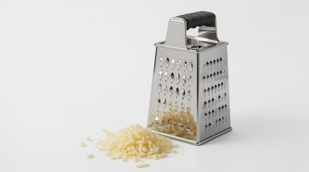 Grater with grated parmesan cheese on a white backgroundの素材