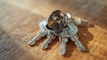 Keys of a house on a wooden background. Selective focus.の素材