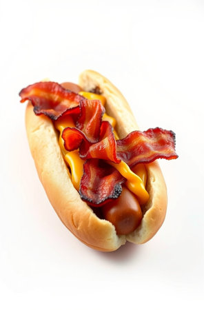 Hot dog with bacon and mustard on a white background, close-upの素材