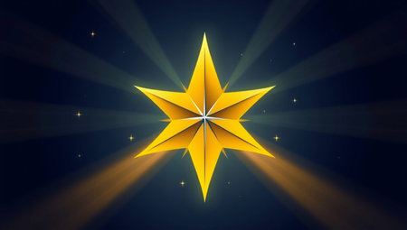 Golden star with rays of light on dark blue background. Vector illustration.の素材