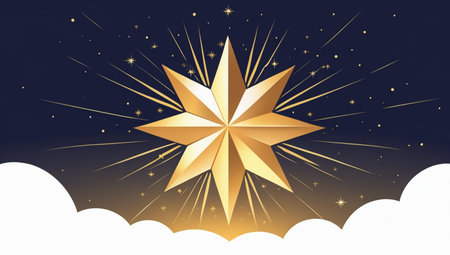 Golden star on the background of the night sky. Vector illustration.の素材