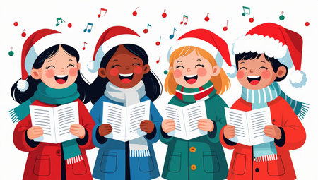 Happy children in Santa Claus hats reading Christmas book. Vector illustration in flat styleの素材