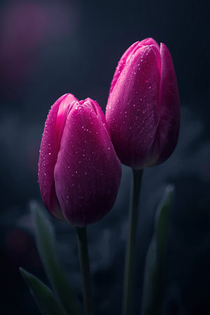 Tulip flowers with water drops on petals. Toned.の素材