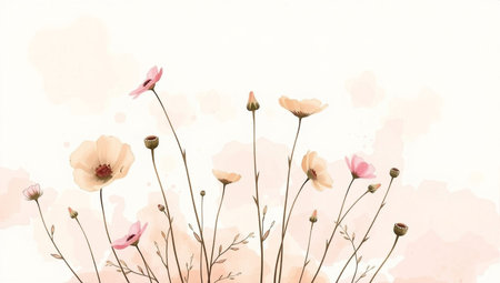 Watercolor floral background with pink and beige poppies.の素材