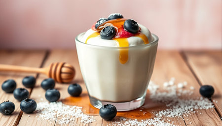 yogurt with blueberries and honey in a glass on a wooden tableの素材