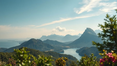 Panoramic view of the mountains and the lake in Montenegroの素材