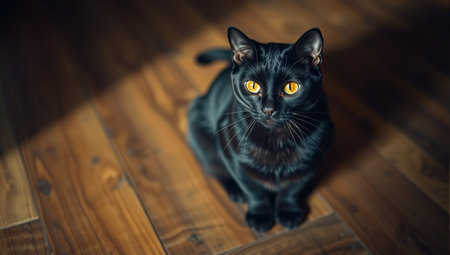 Cute black cat with yellow eyes on a wooden floor with copy spaceの素材