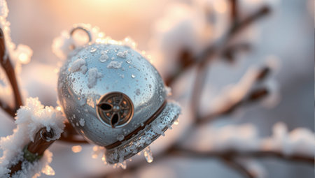 Winter background. Christmas bell on a branch of a tree covered with snowの素材