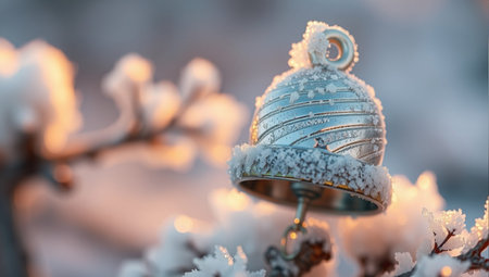 Christmas bell on the tree in the snow. Christmas and New Year backgroundの素材