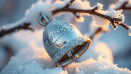 Christmas bell on a branch covered with snow in the winter forest.の素材