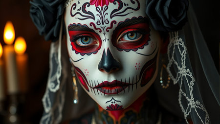 Close-up portrait of a beautiful sugar skull woman in traditional costumeの素材