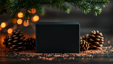 Black gift box with christmas decoration on dark wooden table with bokeh backgroundの素材