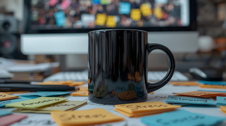 Cup of coffee on the table with sticky notes and computer backgroundの素材