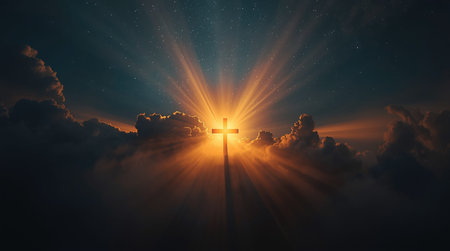 Cross in the sky with rays of light and clouds. 3d renderingの素材