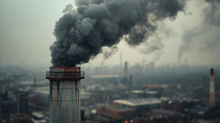 Pollution of the environment. Air pollution from a factory chimneyの素材