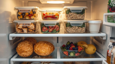Open fridge full of healthy food. Fruits and vegetables in plastic containers.の素材