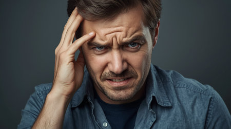 Portrait of stressed man touching his head and looking at camera.の素材