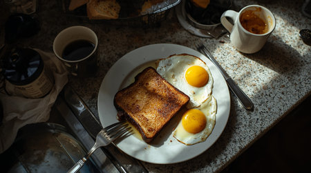 Breakfast with fried eggs, toast and coffee in the morning.の素材
