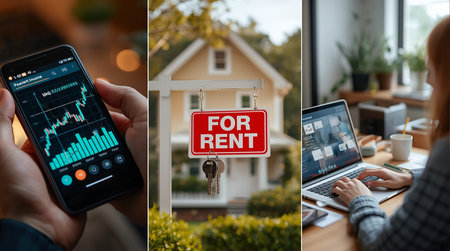 selective focus of man holding smartphone with FOR RENT lettering near laptop and houseの素材