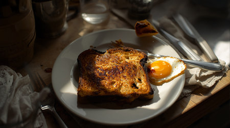 Breakfast with fried egg and toast on wooden table. Selective focus.の素材
