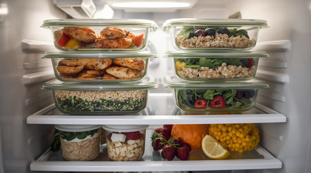 Open refrigerator full of healthy food. Healthy eating and dieting conceptの素材