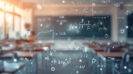 Background conceptual image with mathematical formulas on a virtual screen in a classroomの素材