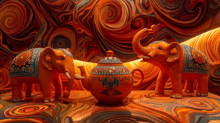 Elephants in the form of a clay pot on an abstract backgroundの素材