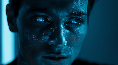 Portrait of a young man with face painted in blue neon lightの素材