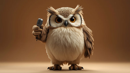 Owl with a microphone in his hand. 3D illustration.の素材