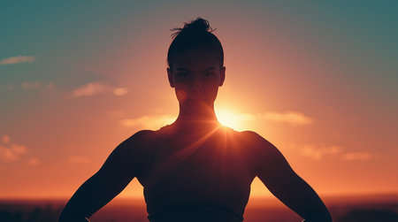 Silhouette of a young woman on a background of the setting sunの素材