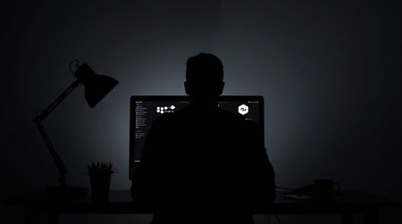 Silhouette of a hacker sitting at the table in front of a computer with a dark backgroundの素材