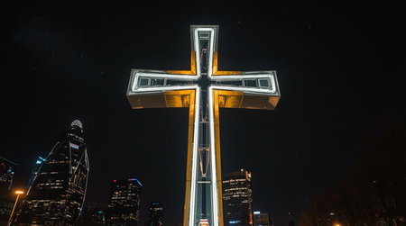 The Cross of Jesus Christ at night in New York City, USAの素材