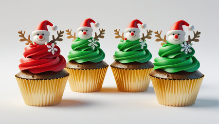 Christmas cupcakes with reindeer and snowman on white backgroundの素材
