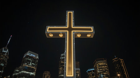 Cross of Jesus Christ on the background of skyscrapers at nightの素材