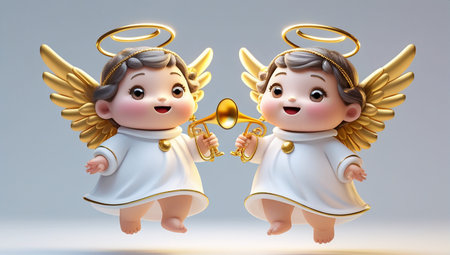 Cute angels with angel wings and golden music notes, 3d renderingの素材