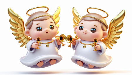 Cute little angels with bells on white background. 3D rendering.の素材