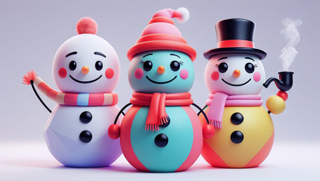 3d render of snowman family in winter hat and scarf.の素材