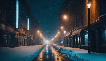 Winter street in the city at night with snowfall, long exposureの素材