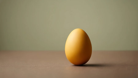 Easter egg on a wooden table with a green wall background.の素材