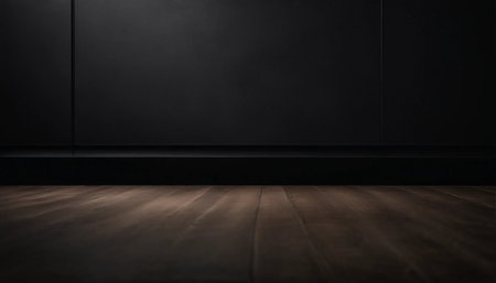 Dark room with wooden floor and black wall. 3d rendering.の素材