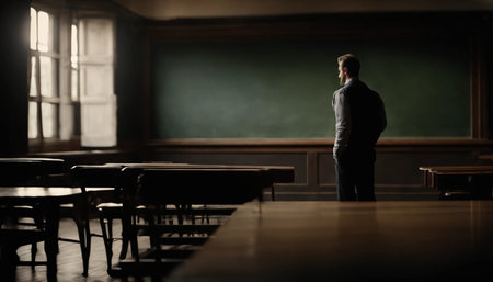 Young businessman standing in front of a blackboard in an empty classroomの素材