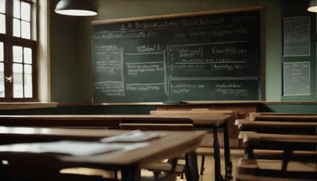 Classroom interior with blackboard, wooden tables and chairs. Education conceptの素材