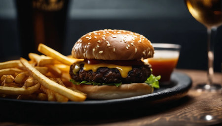 Cheese burger - American cheese burger with Golden French fries and ketchupの素材