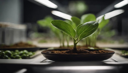 Young seedlings of cucumber in a pot on a table in a greenhouseの素材