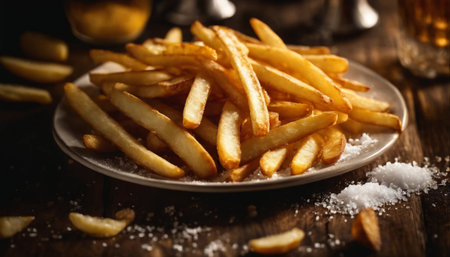 Golden French fries potatoes on a rustic wooden table, selective focusの素材