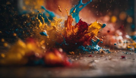 Colorful paint splashes on a wooden table. Abstract background.の素材