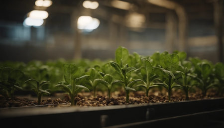 Organic hydroponic vegetable growing in greenhouse, selective focus.の素材