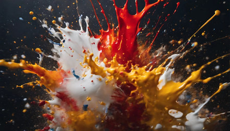Colorful paint splashes isolated on black background. Abstract colorful backgroundの素材