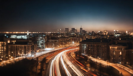 Aerial view of London at night with car light trails, UKの素材